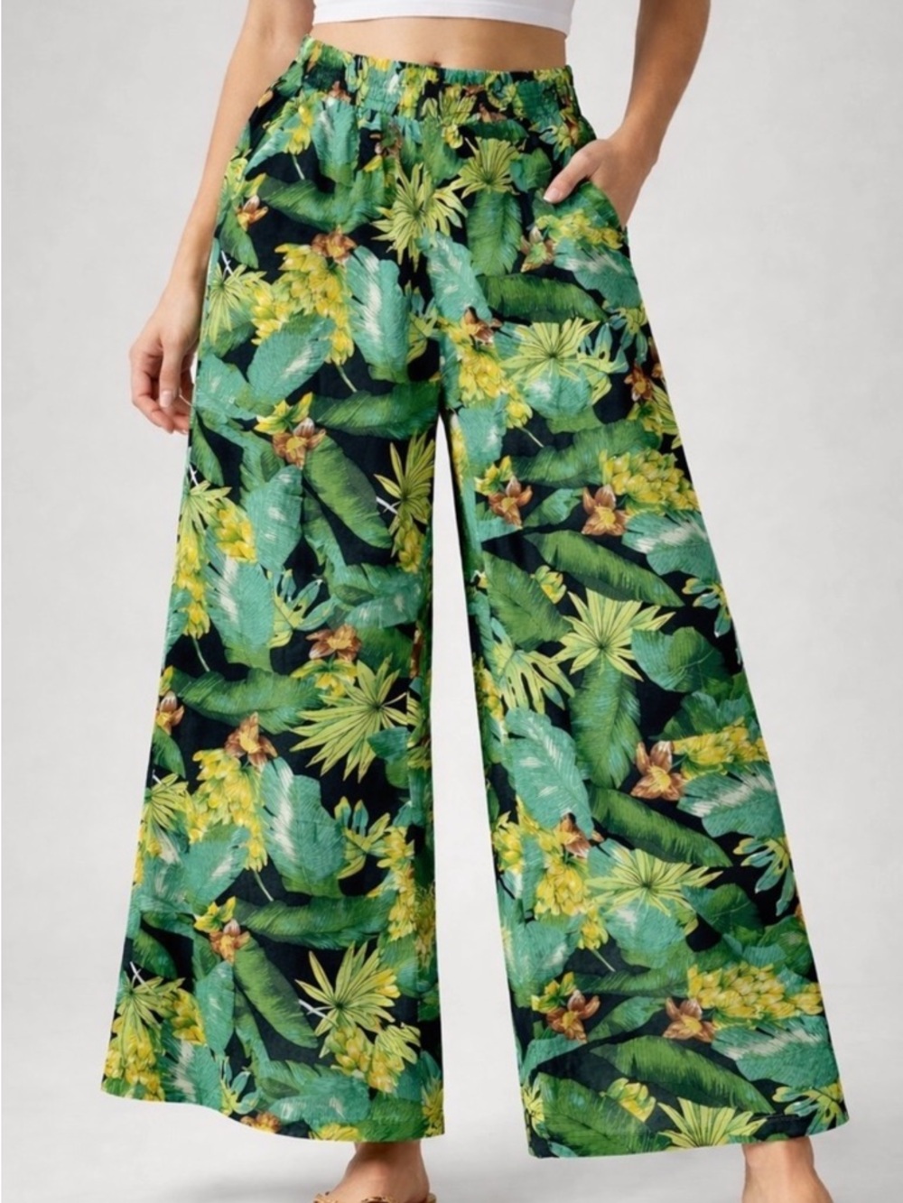 Nicole Miller Tropical Leaf Print Wide-Leg Pants - Green, Yellow, Black S